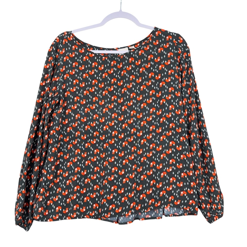 Ace Delivery Fox Print Women Size S‎ 100% Rayon Black Orange Blouse
